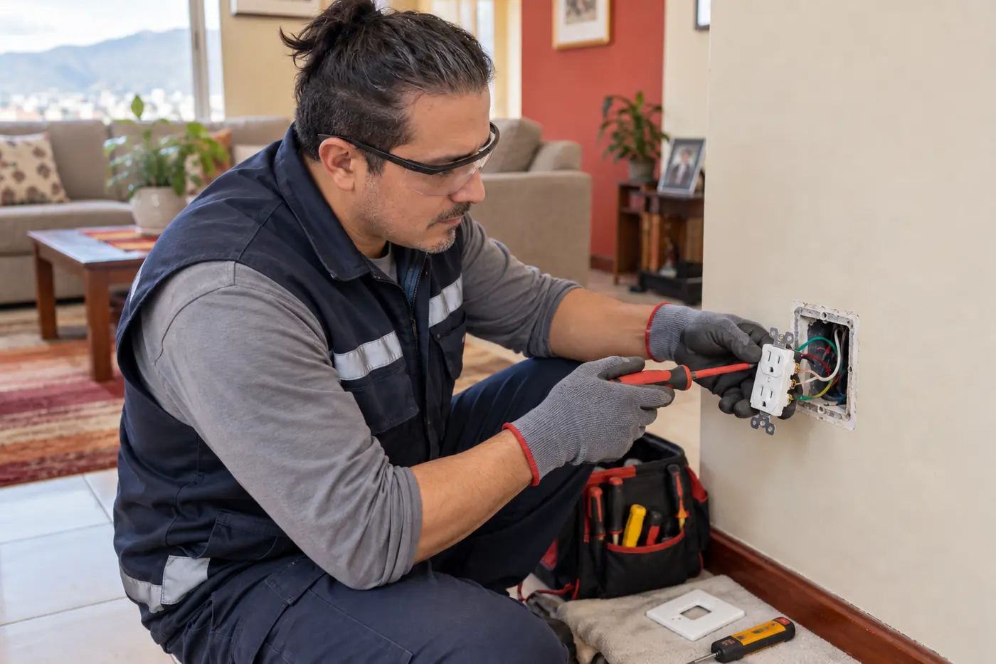 Electricista de LA ESCUADRA reparando un enchufe en una vivienda de Quito